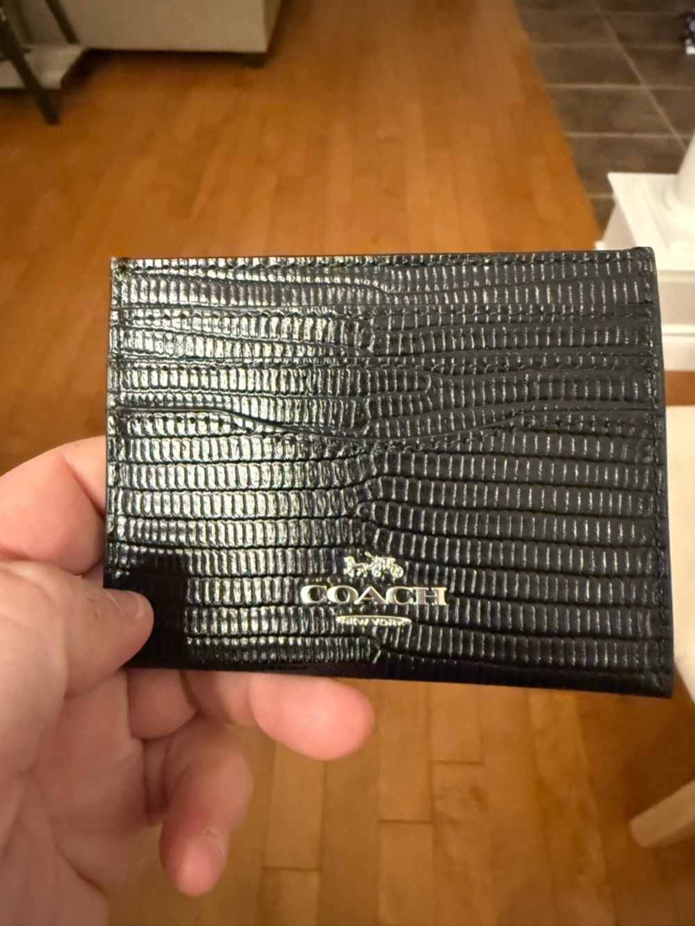 Coach Black Lizard-Embossed Card Holder with Gold Logo